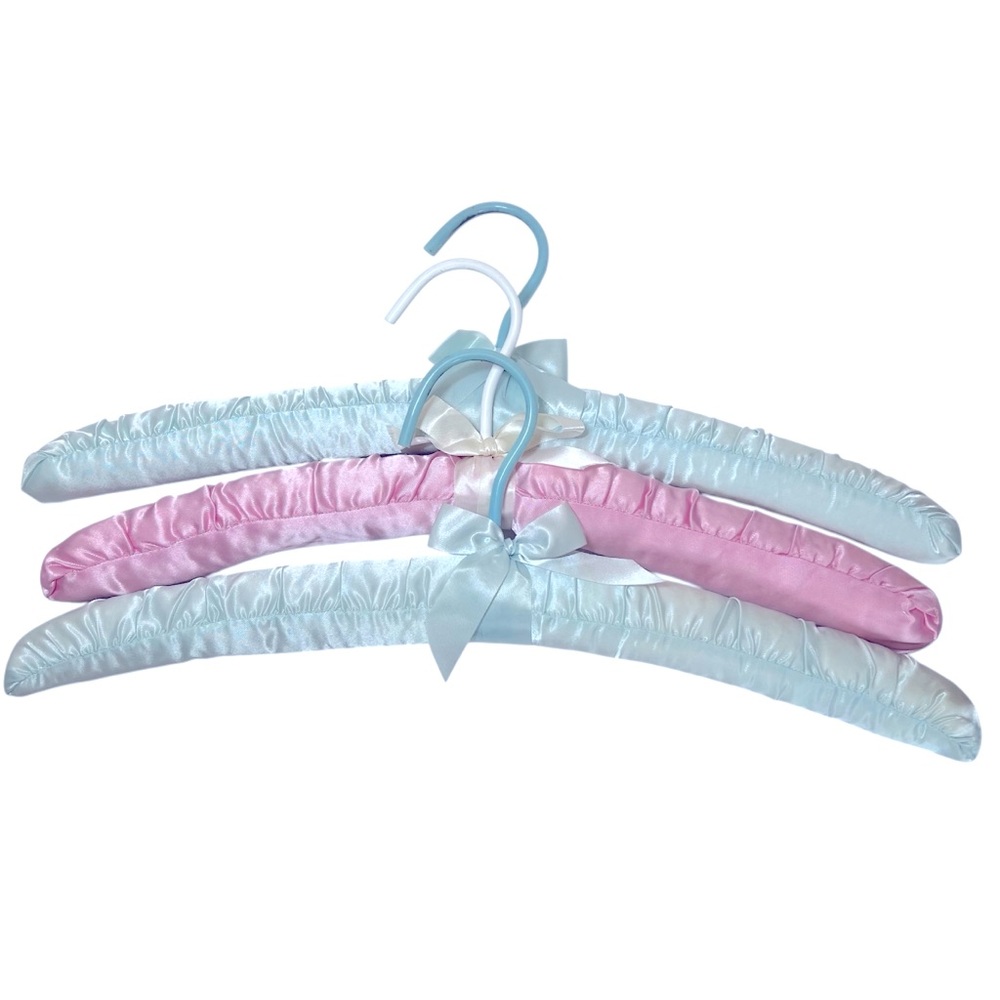 Three Luxurious Padded Satin Hangers-2 Soft Blue and 1 Pink Hanger.